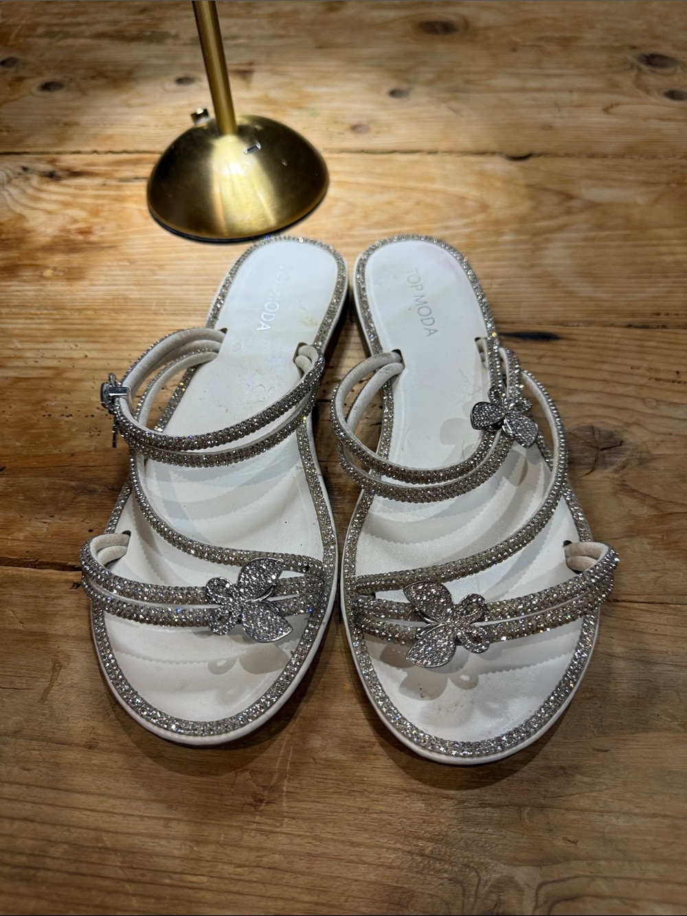 TOP Moda White and Silver Crystal Butterfly Slide Sandals